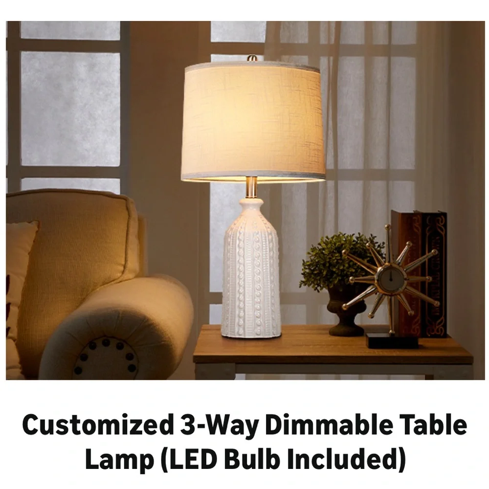 3-Way Dimmable White Ceramic Table Lamp with White Drum Slub Shade & Bulb-24.5”